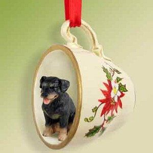 Black and Tan Rottweiler Dog in Red Holiday Tea Cup Christmas Ornament – Hand-Painted Stone Resin