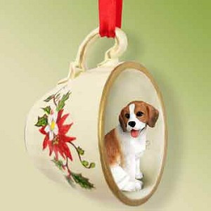 Red Holiday Beagle Dog in Red Holiday Tea Cup Christmas Ornament – Hand-Painted Stone Resin