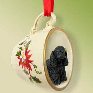 Black Cocker Spaniel Dog in Red Holiday Tea Cup Christmas Ornament – Hand-Painted Stone Resin