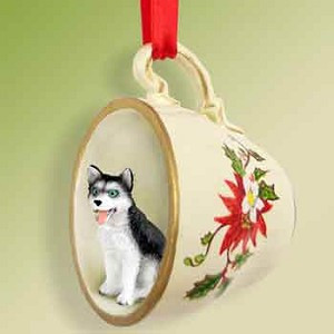Black & White Blue Eyes Husky Dog in Red Holiday Tea Cup Christmas Ornament