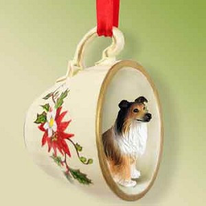 Sable Collie Dog in Red Holiday Tea Cup Christmas Ornament – Hand-Painted Stone Resin