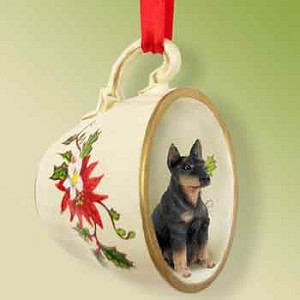 Black with Cropped Ears Doberman Pinscher Dog in Red Holiday Tea Cup Christmas Ornament