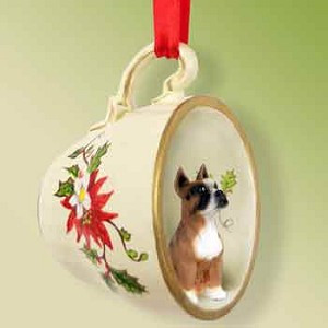 Brown Boxer Dog in Red Holiday Tea Cup Christmas Ornament – Hand-Painted Stone Resin