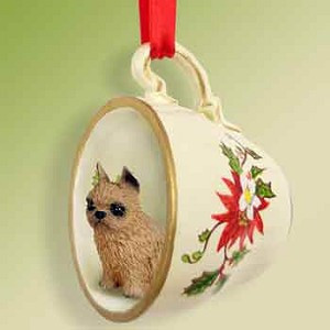 Red Brussels Griffon Dog in Red Holiday Tea Cup Christmas Ornament – Hand-Painted Stone Resin
