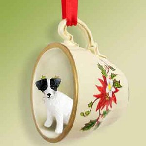 Black & White Rough Coat Jack Russell Terrier Dog in Red Holiday Tea Cup Christmas Ornament