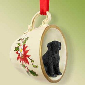 Black Flat Coated Retriever Dog in Red Holiday Tea Cup Christmas Ornament – Hand-Painted Stone Resin