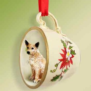 Red Australian Cattle Dog in Red Holiday Tea Cup Christmas Ornament – Hand-Painted Stone Resin