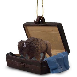 Buffalo in Travel Suitcase Hanging Ornament – Hand-Painted Stone Resin
