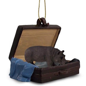 Hippopotamus in Travel Suitcase Hanging Ornament – Hand-Painted Stone Resin