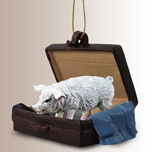 Pink Pig in Travel Suitcase Hanging Ornament – Hand-Painted Stone Resin