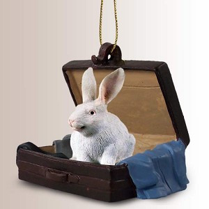 White Rabbit in Travel Suitcase Hanging Ornament – Hand-Painted Stone Resin
