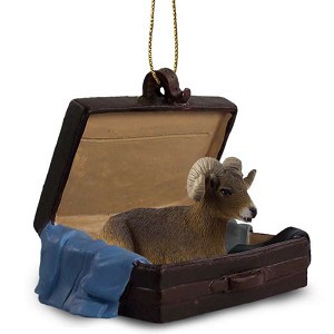 Big Horn Sheep in Travel Suitcase Hanging Ornament – Hand-Painted Stone Resin