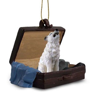White Wolf in Travel Suitcase Hanging Ornament – Hand-Painted Stone Resin