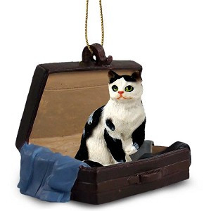 Black & White Shorthaired Tabby Cat in Travel Suitcase Hanging Ornament – Hand-Painted Stone Resin