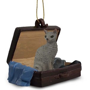 Blue Cornish Rex Cat in Travel Suitcase Hanging Ornament – Hand-Painted Stone Resin