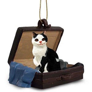 Black & White Manx Cat in Travel Suitcase Hanging Ornament – Hand-Painted Stone Resin