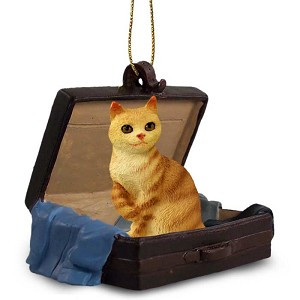 Red Tabby Manx Cat in Travel Suitcase Hanging Ornament – Hand-Painted Stone Resin