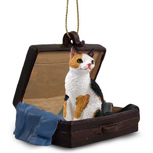 Tortoise & White Japanese Bobtail Cat in Travel Suitcase Hanging Ornament – Hand-Painted Stone Resin