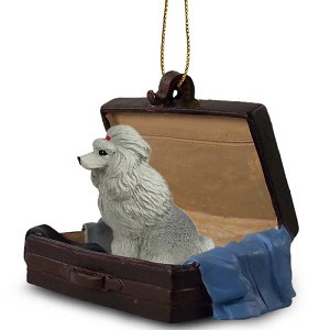 Gray Poodle Dog in Travel Suitcase Hanging Ornament – Hand-Painted Stone Resin