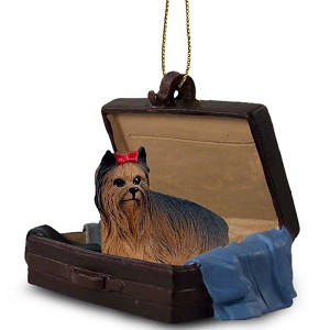 Yorkshire Terrier Dog in Travel Suitcase Christmas Ornament – Hand-Painted Stone Resin