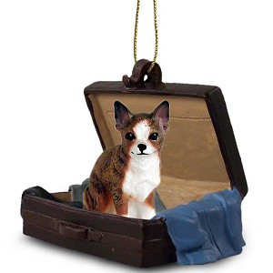 Brindle & White Chihuahua Dog in Travel Suitcase Hanging Ornament – Hand-Painted Stone Resin