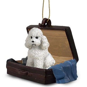 White Sport Cut Poodle Dog in Travel Suitcase Hanging Ornament – Hand-Painted Stone Resin