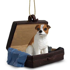 Brown & White Smooth Coat Jack Russell Terrier Dog in Travel Suitcase Hanging Ornament