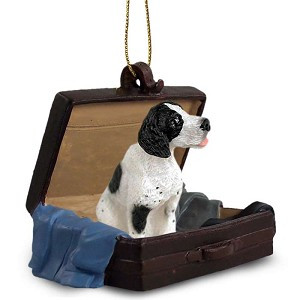 Black & White Pointer Dog in Travel Suitcase Hanging Ornament – Hand-Painted Stone Resin
