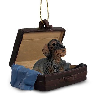 Wirehaired Red Dachshund Dog in Travel Suitcase Hanging Ornament – Hand-Painted Stone Resin