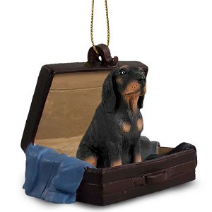 Black & Tan Coonhound Dog in Travel Suitcase Hanging Ornament – Hand-Painted Stone Resin