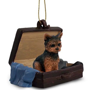 Puppy Cut Yorkshire Terrier Dog in Travel Suitcase Hanging Ornament – Hand-Painted Stone Resin