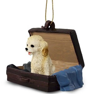 Blond Cockapoo Dog in Travel Suitcase Hanging Ornament – Hand-Painted Stone Resin