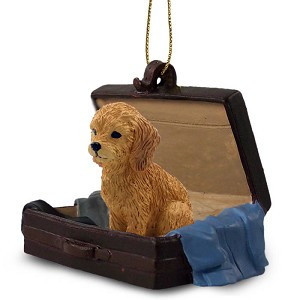 Goldendoodle Dog in Travel Suitcase Hanging Ornament – Hand-Painted Stone Resin