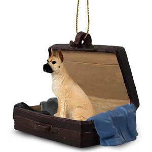 Fawn Great Dane Dog in Travel Suitcase Hanging Ornament – Hand-Painted Stone Resin