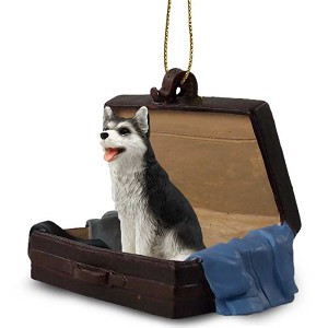Black & White Brown Eyes Husky Dog in Travel Suitcase Hanging Ornament – Hand-Painted Stone Resin