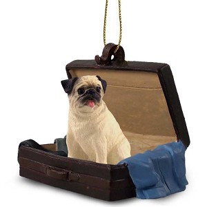 Fawn Pug Dog in Travel Suitcase Hanging Ornament – Hand-Painted Stone Resin