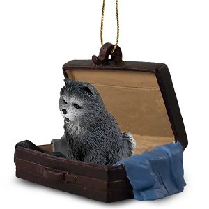 Blue Chow Dog in Travel Suitcase Hanging Ornament – Hand-Painted Stone Resin