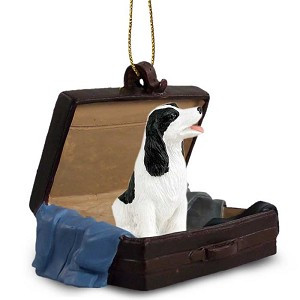 Black & White Springer Spaniel Dog in Travel Suitcase Hanging Ornament – Hand-Painted Stone Resin