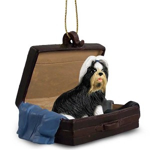 Black & White Shih Tzu Dog in Travel Suitcase Hanging Ornament – Hand-Painted Stone Resin