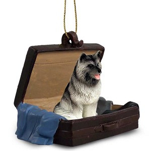 Keeshond Dog in Travel Suitcase Hanging Ornament – Hand-Painted Stone Resin
