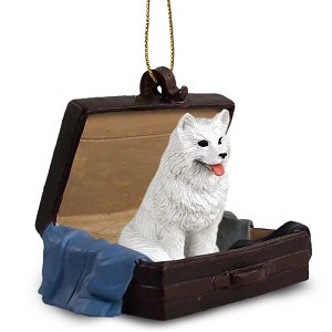 Samoyed Dog in Travel Suitcase Hanging Ornament – Hand-Painted Stone Resin