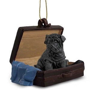 Black Shar Pei Dog in Travel Suitcase Hanging Ornament – Hand-Painted Stone Resin