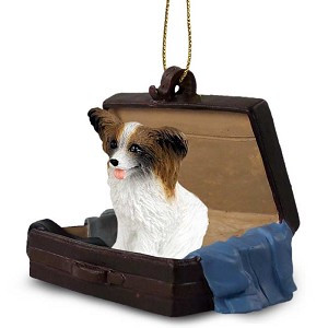 Brown & White Papillon Dog in Travel Suitcase Hanging Ornament – Hand-Painted Stone Resin