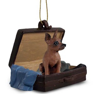 Red & Brown Miniature Pinscher Dog in Travel Suitcase Hanging Ornament – Hand-Painted Stone Resin
