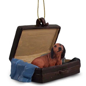 Longhaired Red Dachshund Dog in Travel Suitcase Hanging Ornament – Hand-Painted Stone Resin