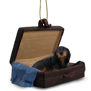 Longhaired Black Dachshund Dog in Travel Suitcase Hanging Ornament – Hand-Painted Stone Resin