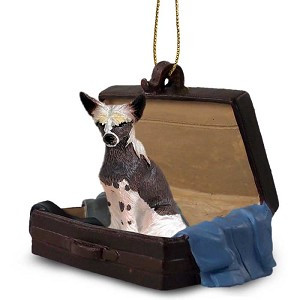 Chinese Crested Dog in Travel Suitcase Hanging Ornament – Hand-Painted Stone Resin