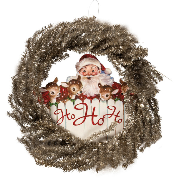 Vintage Santa & Reindeer Ho Ho Ho Decorative Holiday Wreath 24 Inch from Primitives by Kathy