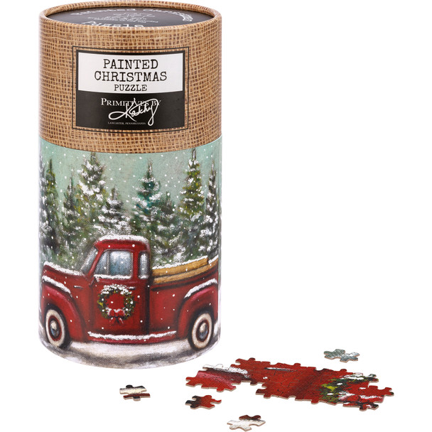 Jigsaw Puzzle - Red Truck Pickup Truck With Wreath In Snowy Pines - 1000 Pieces from Primitives by Kathy