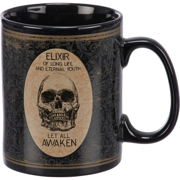 Stoneware Coffee Mug - Elixir Of Long Life Eternal Youth - Rustic Skull Design 20 Oz from Primitives by Kathy